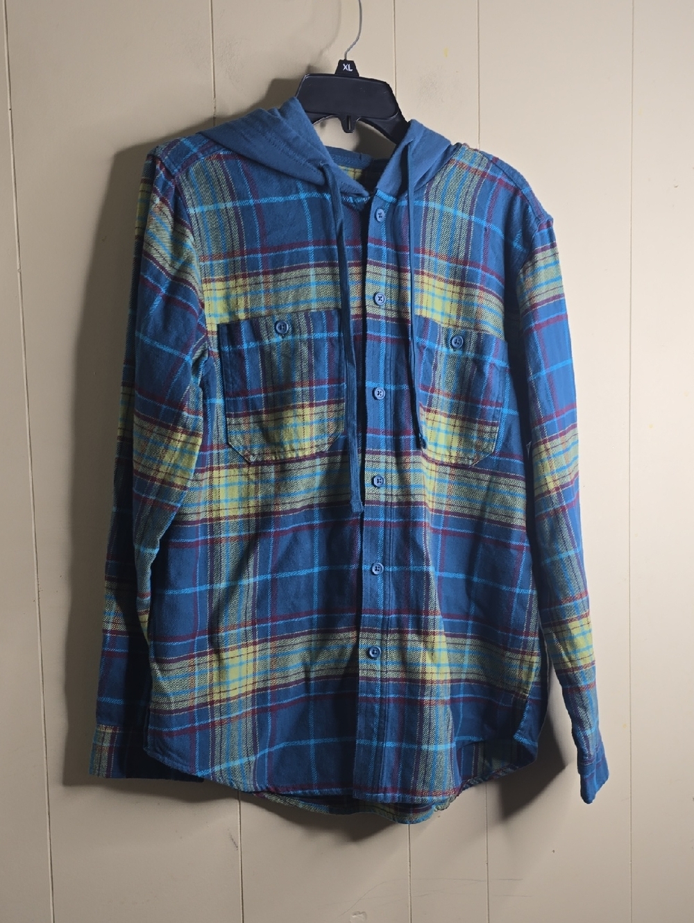 Men's Blue Plaid Hooded Long Sleeve Button Down Shirt Original Use Size Medium